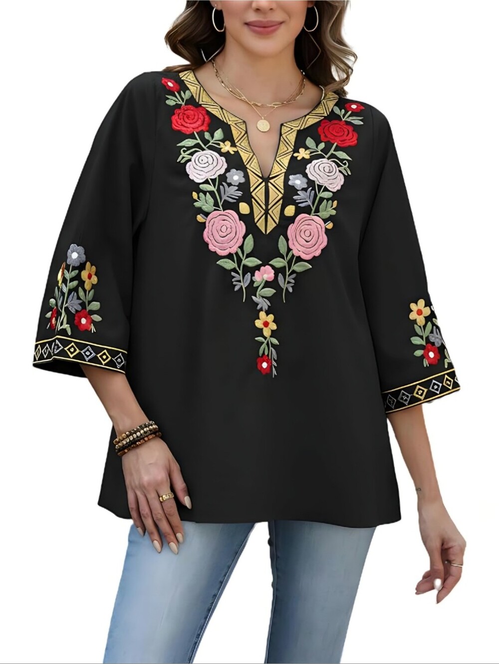 Boho Floral Embroidered Peasant Tunic Blouse with Bell Sleeves Large/Black - NEW
